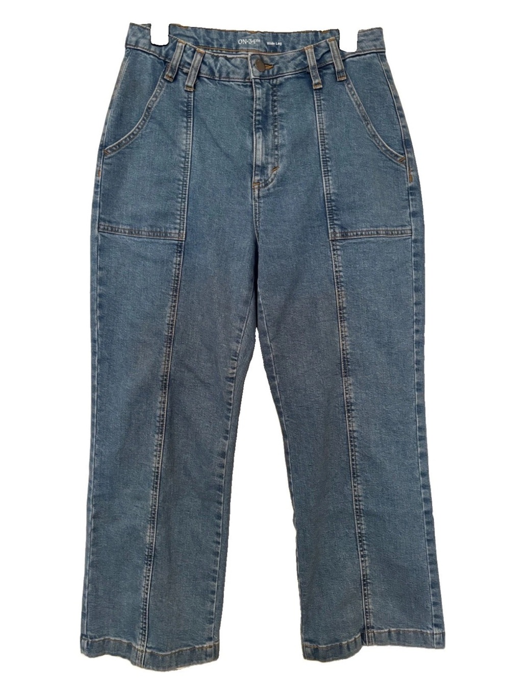 ON 34th Women’s Blue Denim Wide Leg Jeans Medium Wash Top Stitching Deep Pockets